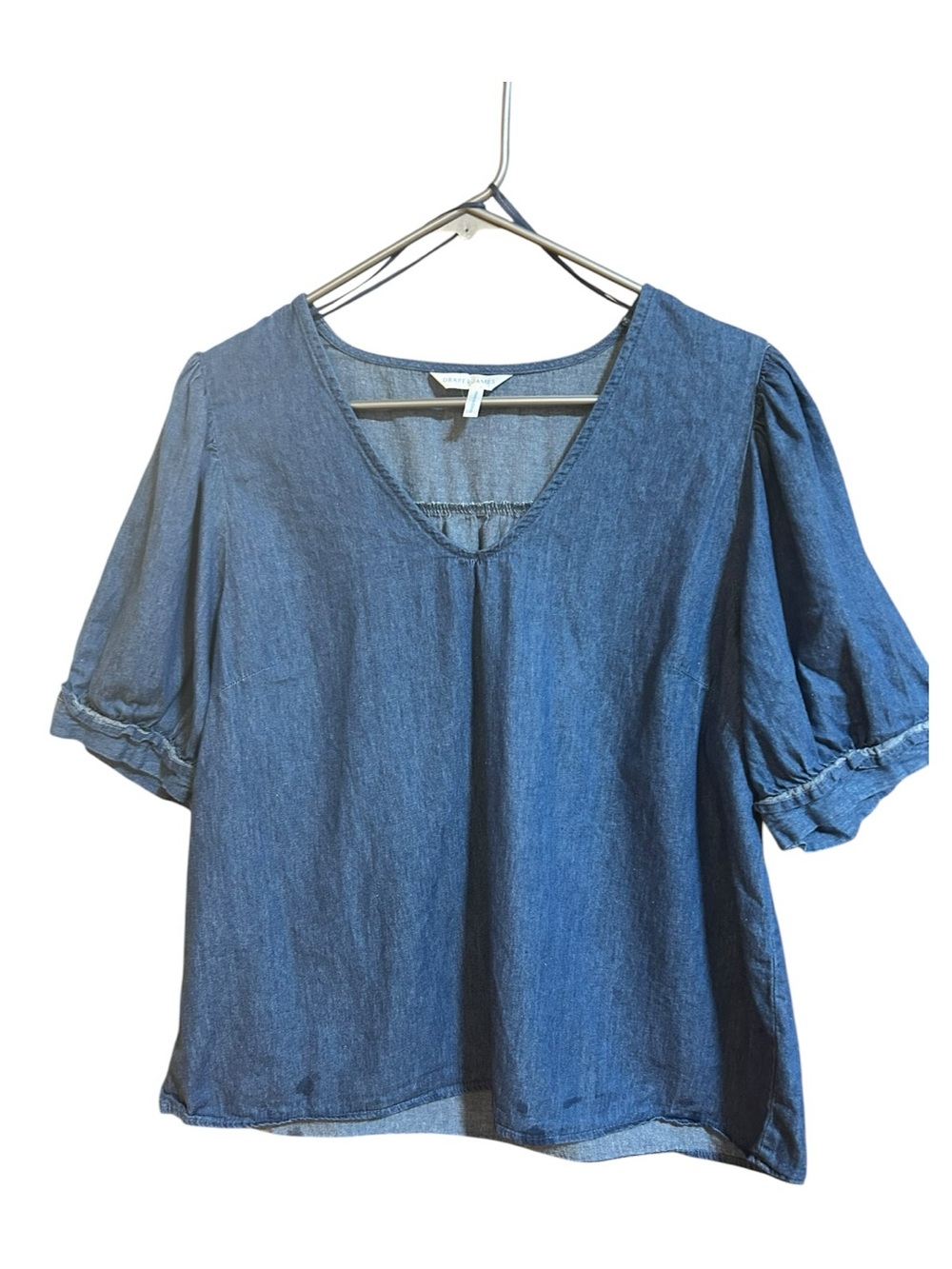Draper James V-Neck Puff Sleeve denim Top - Blue